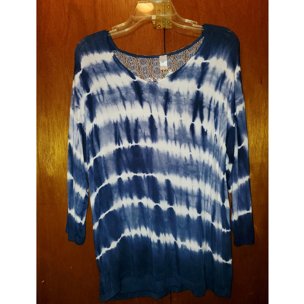 Blue and white tie dye striped shirt with lace back - Thomas & Olivia (NWOT)